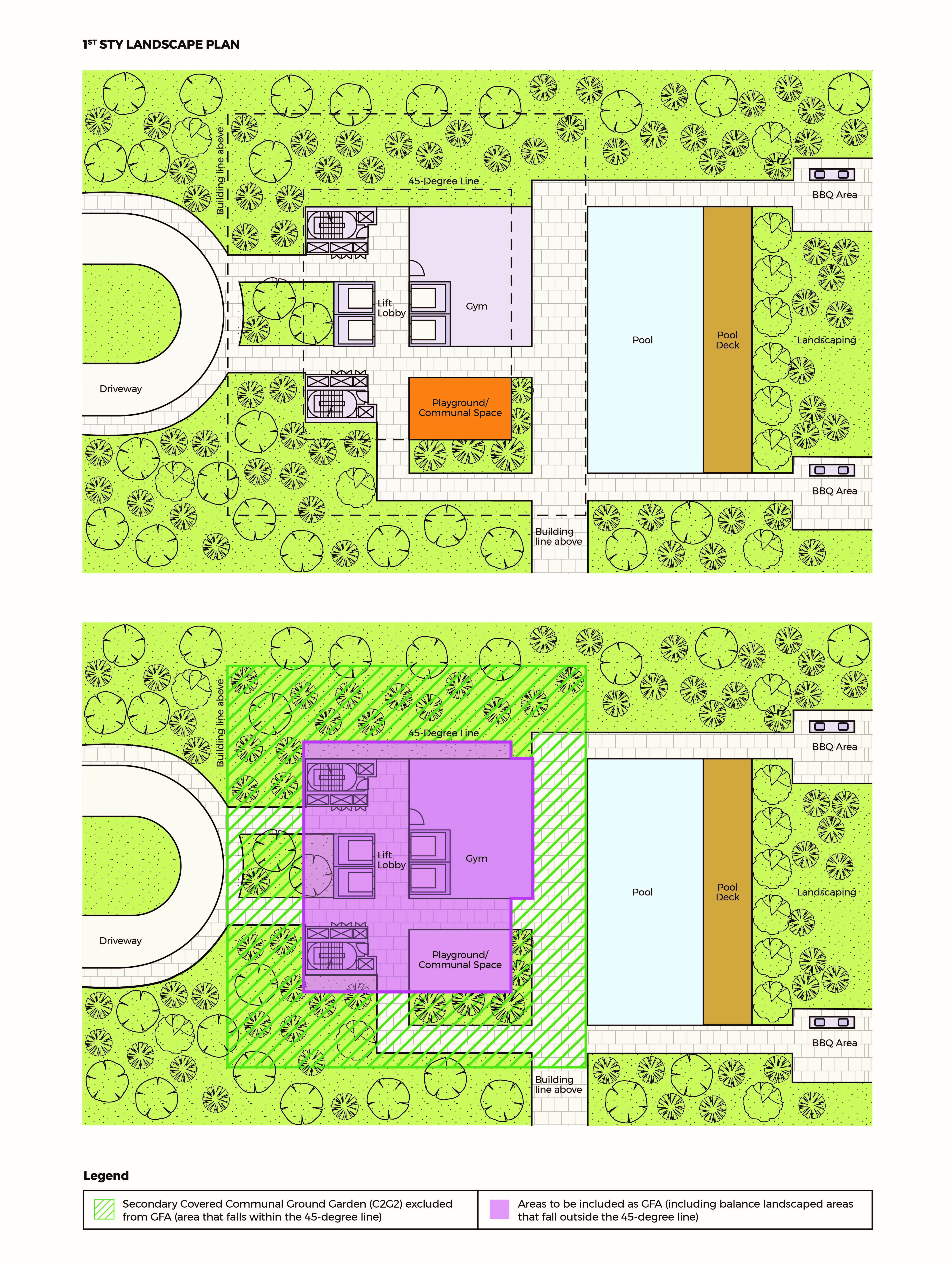 Plan showing C2G2 areas within 45-degree line excluded; others included as GFA.